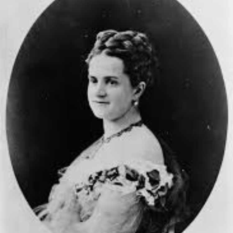 A historical black-and-white portrait of Emily Warren Roebling. She played a crucial role in overseeing the completion of the Brooklyn Bridge. Side profile portrait of Emily Warren Roebling, hair braided, antique photo. 