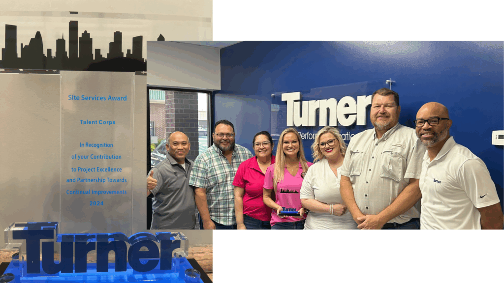 Talent Corps team receiving the 2024 Site Services Award from Turner Construction in Houston for excellence in construction staffing and project partnership.